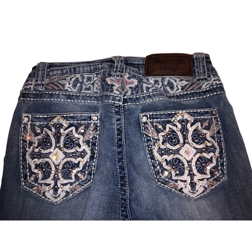Westfield Eagle Bling Jeans Flared Size 7 Blue Embroidered Crystals Stretch Y2K